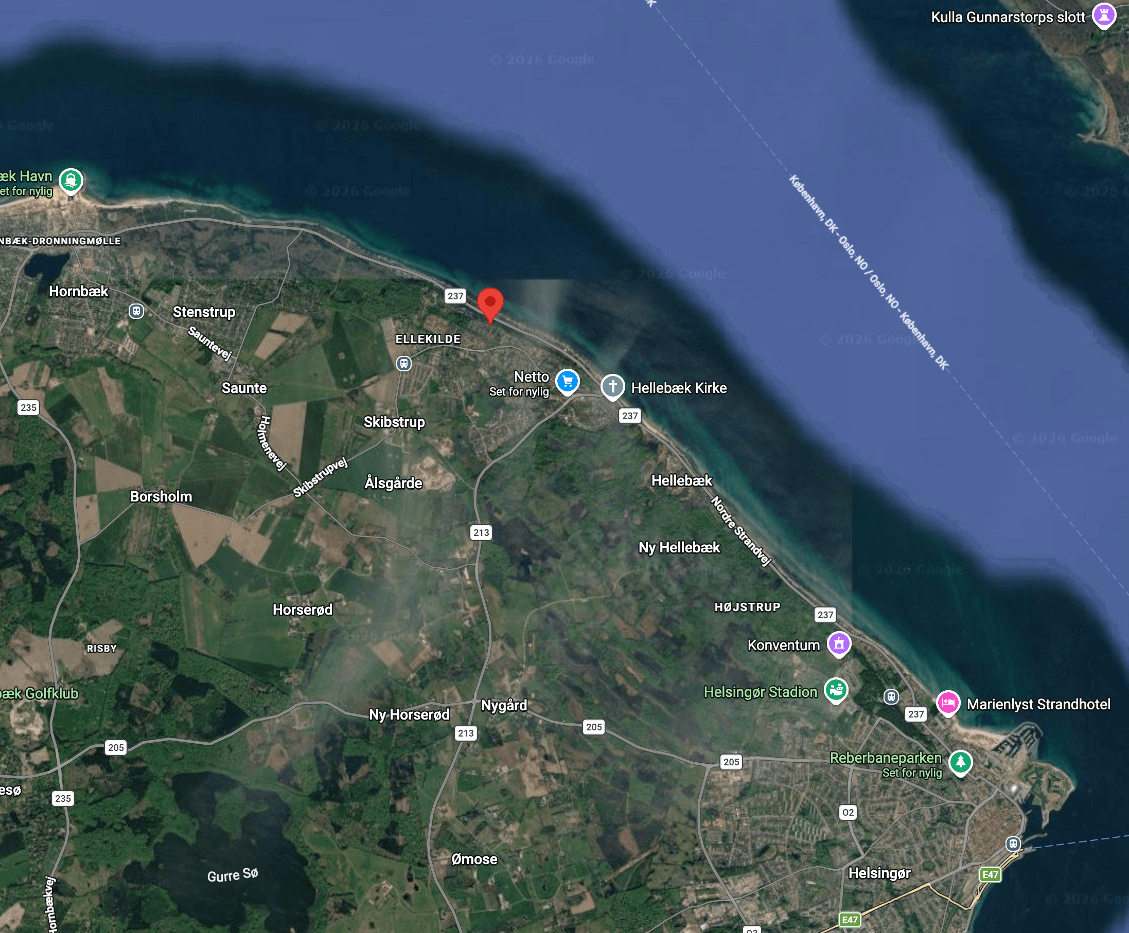 Kort over området ved Ålsgårde, Hornbæk og Helsingør